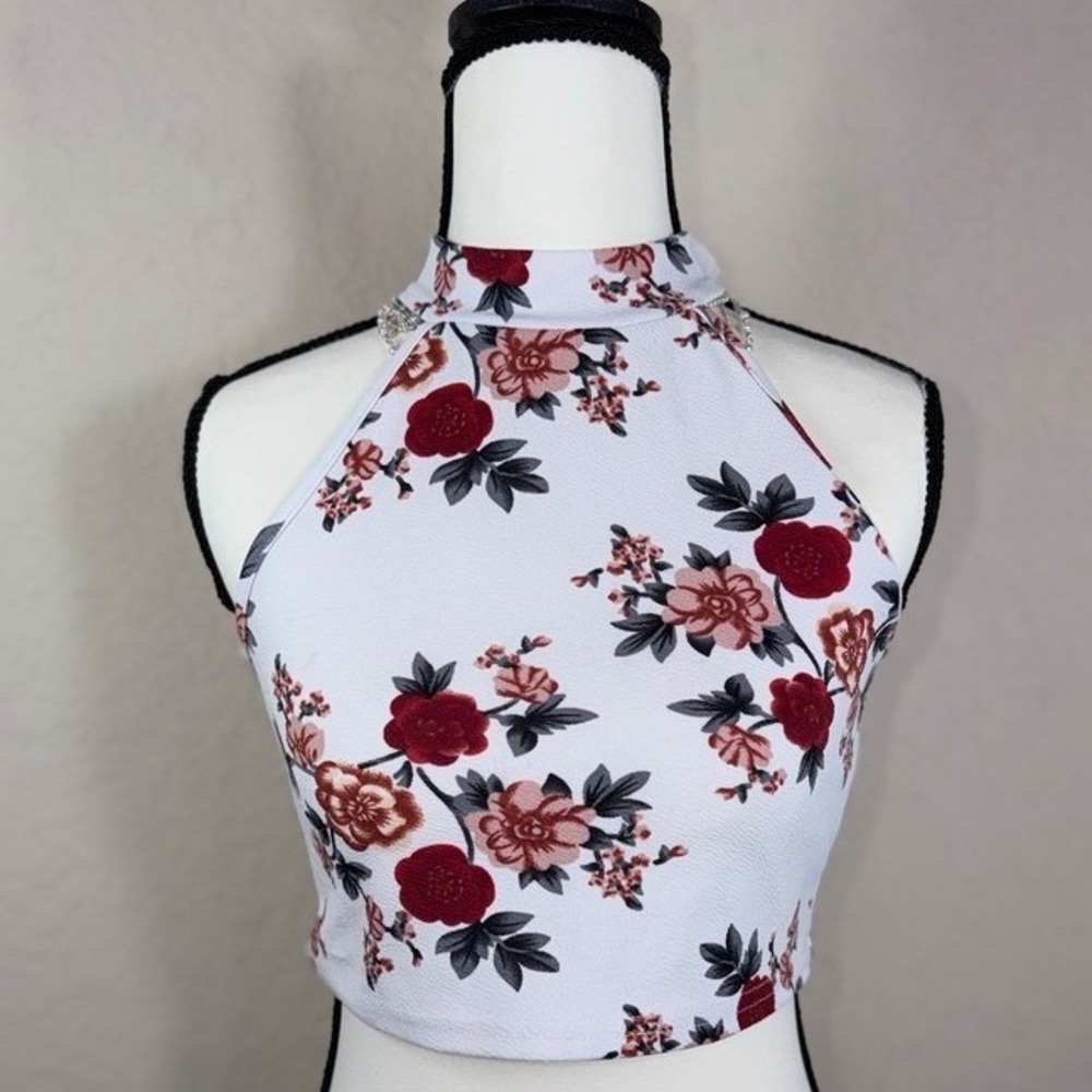 Floral High Neck Halter Crop Top Red White Rose Sleeveless Mock Neck Blouse‎